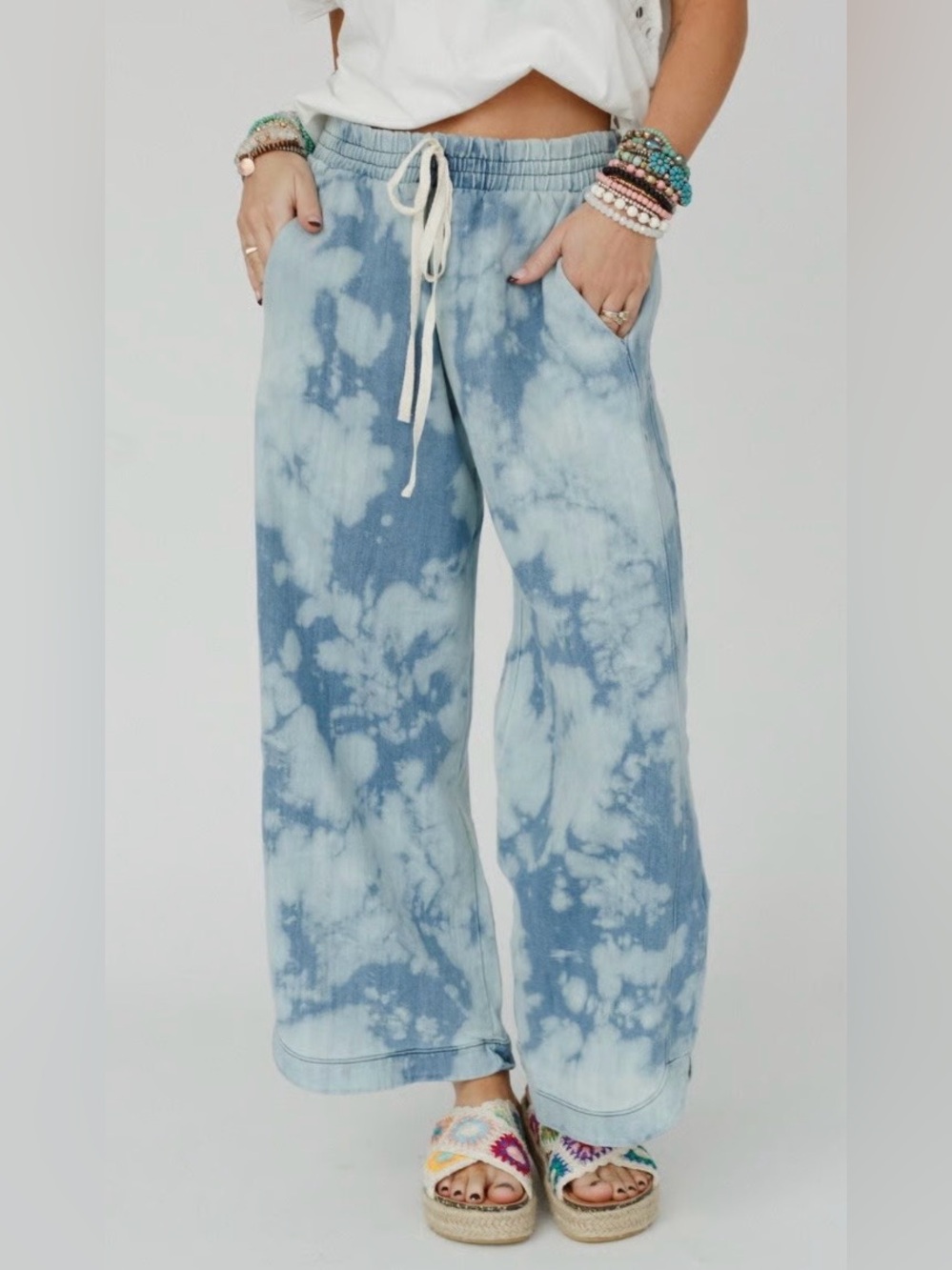 Three Bird Nest The Nest So Comfy Wide Leg Bleach Dye Denim Lounge Pant Boho XL